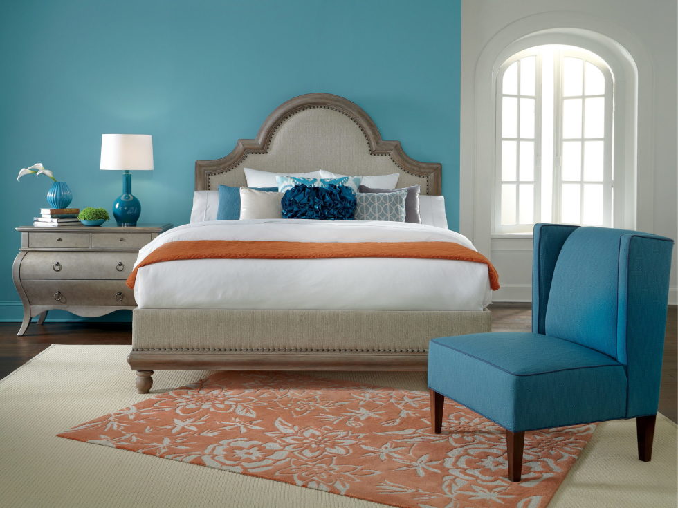 Beige and light-blue color in the bedroom interior