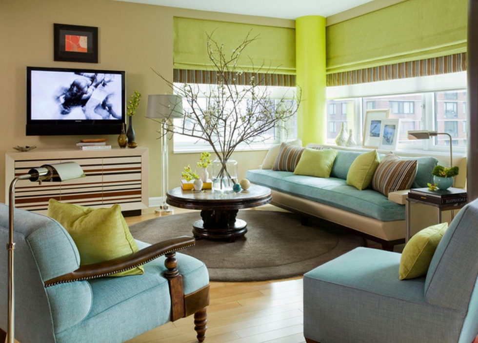 The interior in the green and light-blue color