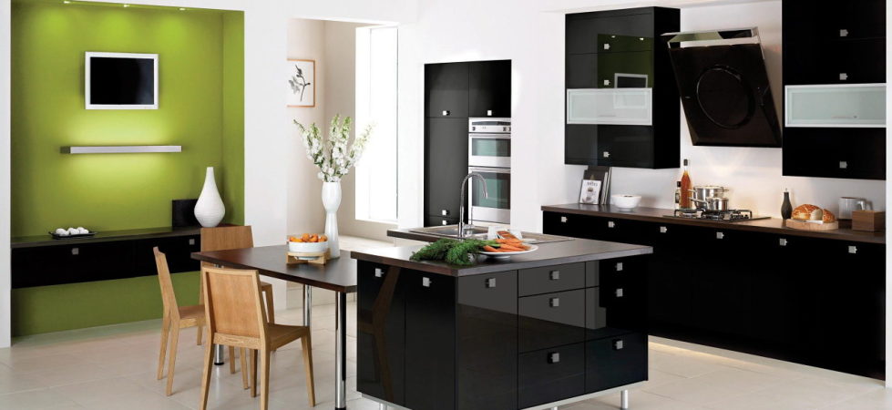 black, white and green colors in the kitchen interior