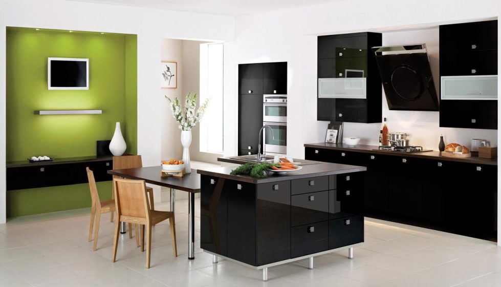 black, white and green colors in the kitchen interior