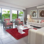red and grey colors living room interior