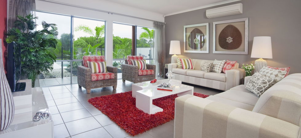 red and grey colors living room interior